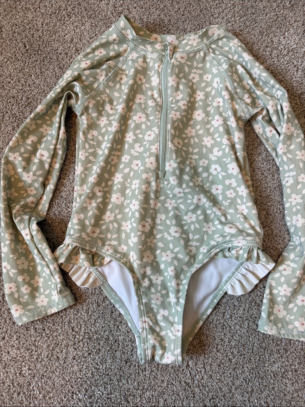 Kids Sage Green Floral Long-Sleeve One-Piece Swimsuit with Front Zip